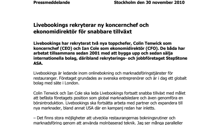 Livebookings rekryterar ny koncernchef och ekonomidirektör för snabbare tillväxt