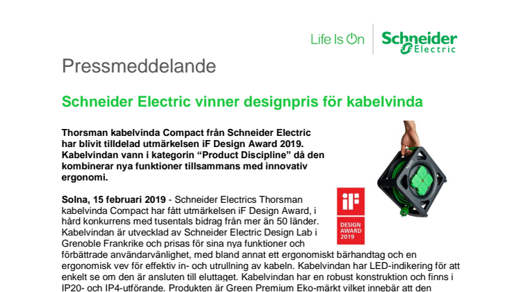   Schneider Electric vinner designpris för kabelvinda