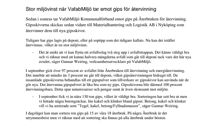 Stor miljövinst när VafabMiljö tar emot gips för återvinning