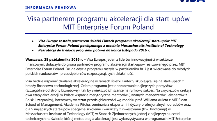 Visa partnerem programu akceleracji dla start-upów MIT Enterprise Forum Poland