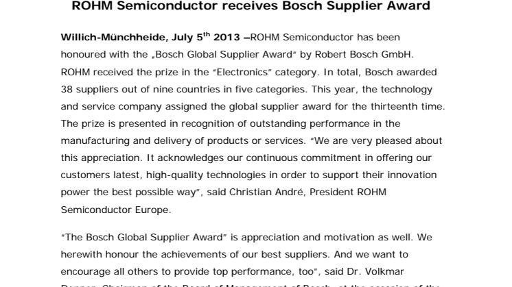 ROHM Semiconductor receives Bosch Supplier Award