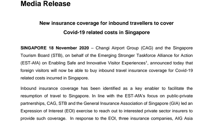 New insurance coverage for inbound travellers to cover  Covid-19 related costs in Singapore
