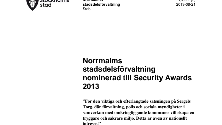 Norrmalms stadsdelsförvaltning nominerad till Security Awards 2013