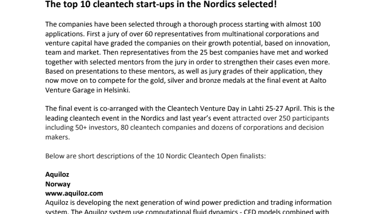 The top 10 cleantech start-ups in the Nordics selected!