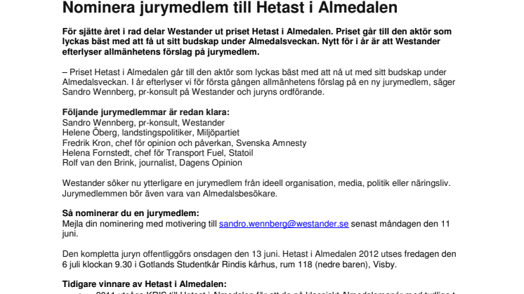 Nominera jurymedlem till Hetast i Almedalen