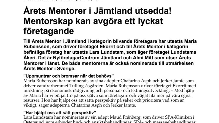 Årets Mentorer i Jämtland utsedda! Mentorskap kan avgöra ett lyckat företagande
