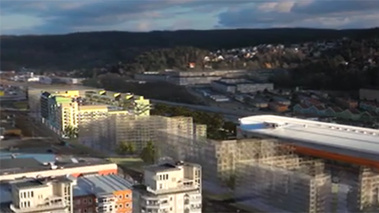 Bild över Partille Port ur Peabs film om det nya bostads- och handelsområdet.