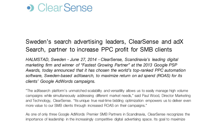 Sweden’s search advertising leaders, ClearSense and adX Search, partner to increase PPC profit for SMB clients 