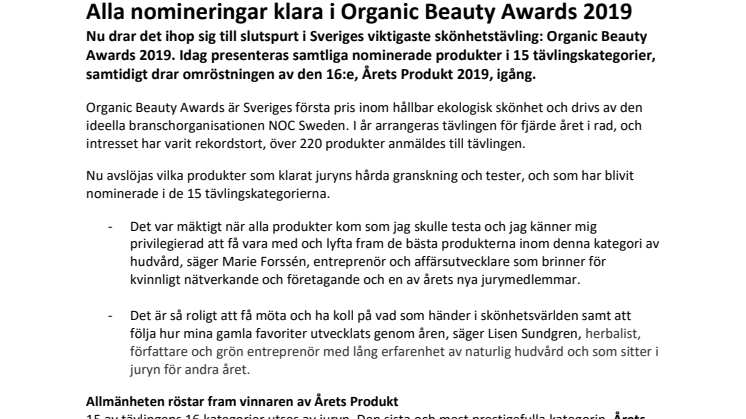 Alla nomineringar klara i Organic Beauty Awards 2019