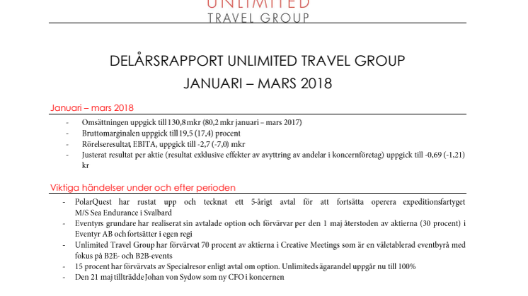 DELÅRSRAPPORT UNLIMITED TRAVEL GROUP JANUARI – MARS 2018