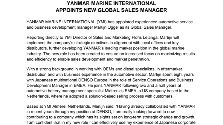 YANMAR MARINE INTERNATIONAL Appoints New Global Sales Manager
