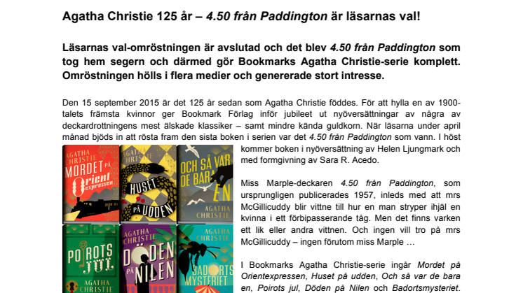 Agatha Christie 125 år – 4.50 från Paddington är läsarnas val!