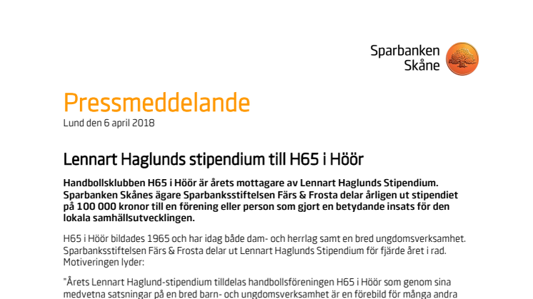 Lennart Haglunds stipendium till H65 Höör