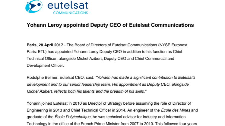 Yohann Leroy appointed Deputy CEO of Eutelsat Communications