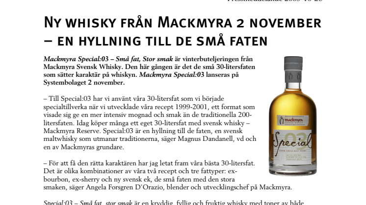 Ny whisky från Mackmyra 2 november – en hyllning till de små faten