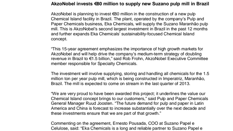 AkzoNobel invests €80 million to supply new Suzano pulp mill in Brazil