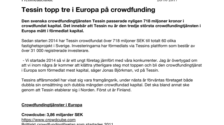 Tessin topp tre i Europa på crowdfunding