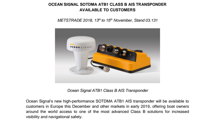 Ocean Signal SOTDMA ATB1 Class B AIS Transponder Available to Customers