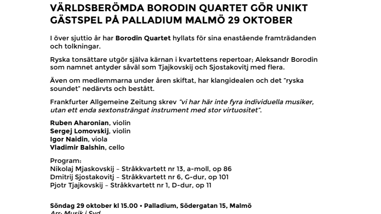 Världsberömda Borodin Quartet gör unikt gästspel på Palladium Malmö 29 oktober