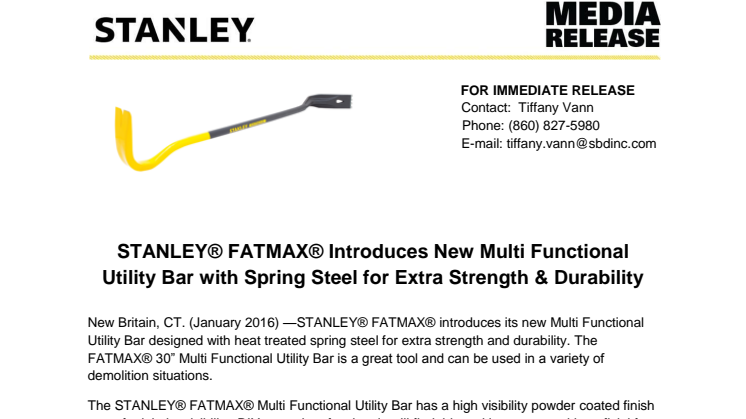  STANLEY® FATMAX® Introduces New Multi Functional Utility Bar with Spring Steel for Extra Strength & Durability 