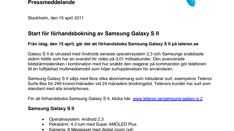 Start för förhandsbokning av Samsung Galaxy S II