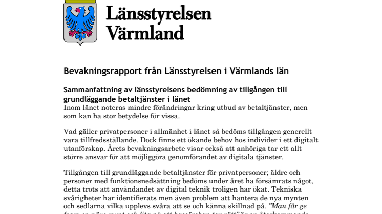 Bevakningsrapport av grundläggande betaltjänster 2018 Länsstyrelsen Värmland