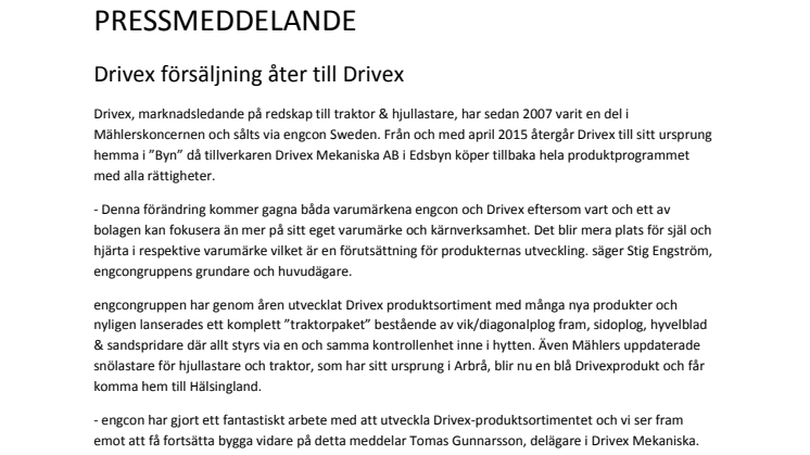 Drivex försäljning åter till Drivex