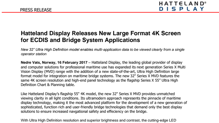 Hatteland Display: Hatteland Display Releases New Large Format 4K Screen for ECDIS and Bridge System Applications