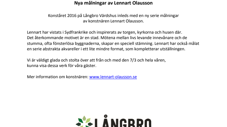 Ny konstkollektion av Lennart Olausson på Långbro Värdshus