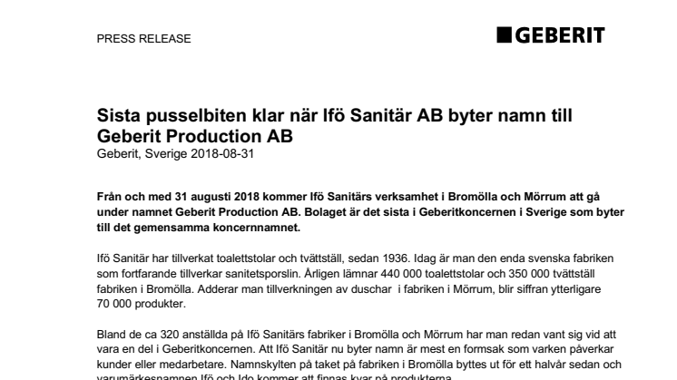 Sista pusselbiten klar när Ifö Sanitär AB byter namn till Geberit Production AB