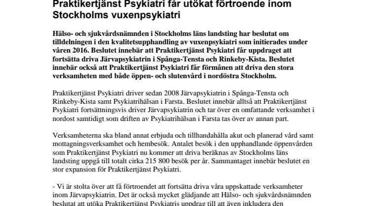 Praktikertjänst Psykiatri får utökat förtroende inom Stockholms vuxenpsykiatri