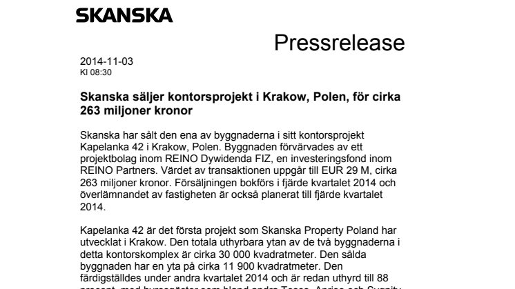 Skanska säljer kontorsprojekt i Krakow, Polen, för cirka 263 miljoner kronor