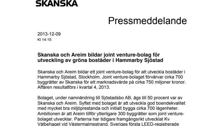 Skanska och Areim bildar joint venture-bolag för utveckling av gröna bostäder i Hammarby Sjöstad