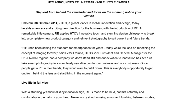 HTC ANNOUNCES RE: A REMARKABLE LITTLE CAMERA