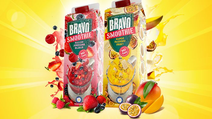 Bravo Smoothie i de två smakerna Hallon/Jordgubb/Blåbär och Mango/Passionsfrukt.