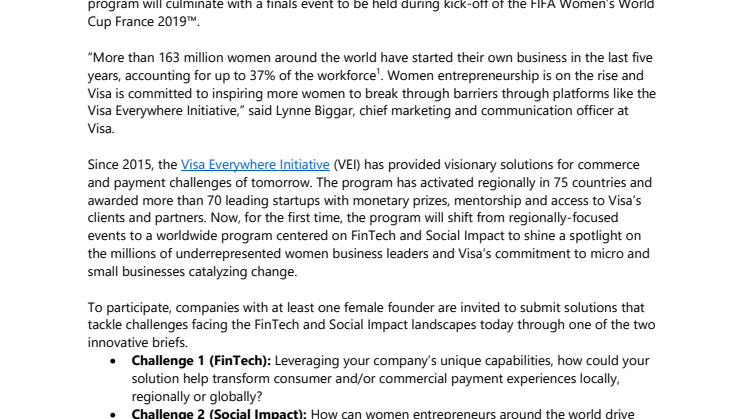 Visa nostaa esiin naisyrittäjiä  - Visa Everywhere Initiative: Women’s Global Edition -kilpailussa jaetaan  kaksi 100 000 dollarin palkintoa naisten perustamille yrityksille. 