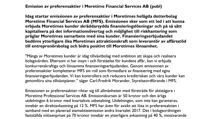 Emission av preferensaktier i Moretime Financial Services AB (publ)