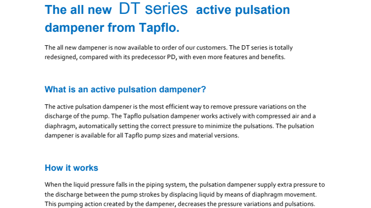 New pulsation dampener from Tapflo