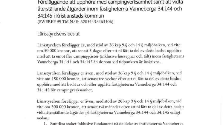 Länsstyrelsen Skånes föreläggande till Kristianstads kommun om Landöns camping 130328