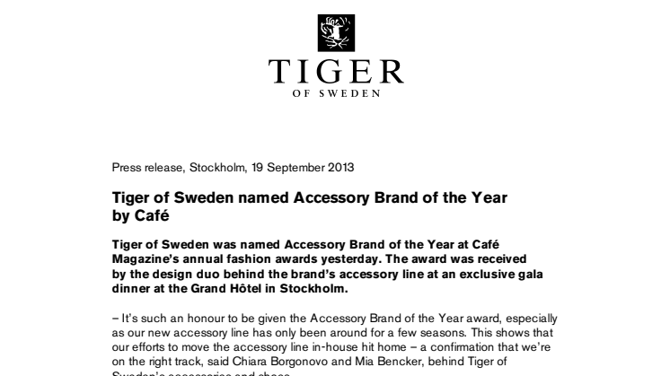 Tiger of Sweden named Accessory Brand of the Year by Café