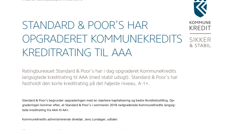 Standard & Poor's har opgraderet KommuneKredits kreditrating til AAA