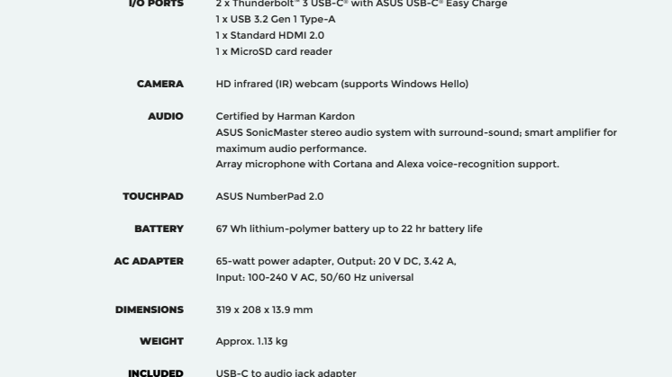 ZenBook 14 (UX425) (Intel) Technical specification