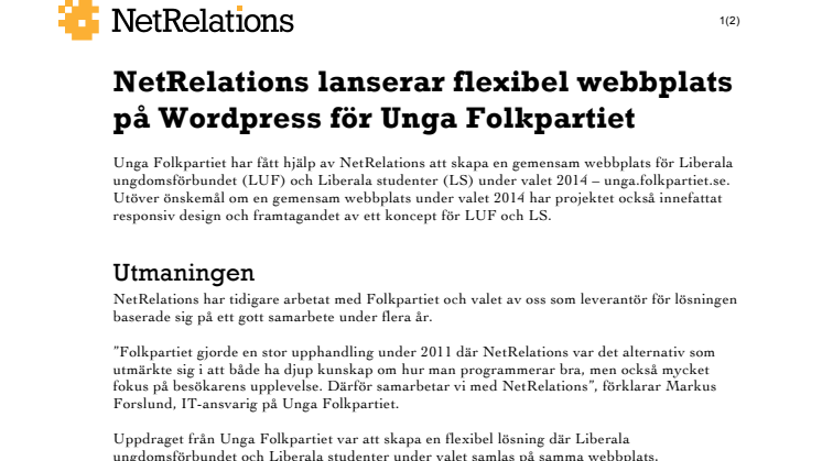 NetRelations lanserar flexibel webbplats på Wordpress för Unga Folkpartiet