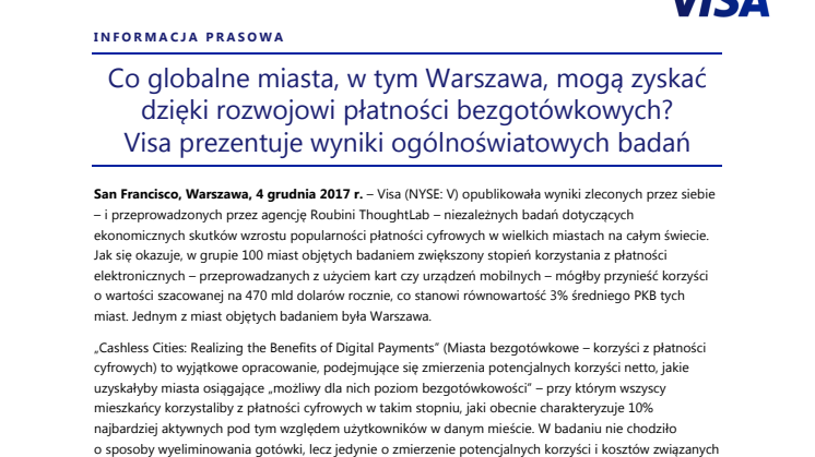 Co globalne miasta, w tym Warszawa, mogą zyskać dzięki rozwojowi płatności bezgotówkowych? Visa prezentuje wyniki ogólnoświatowych badań