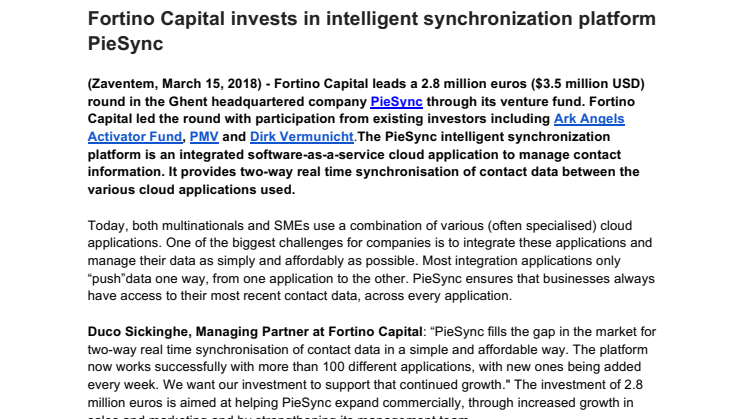   Fortino Capital invests in intelligent synchronization platform PieSync 