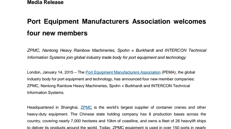 Port Equipment Manufacturers Association welcomes four new members