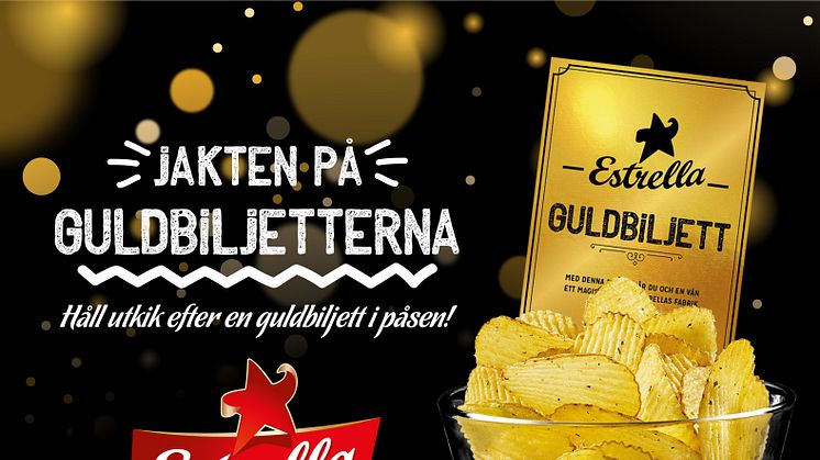 Jakten på guldbiljetter börjar nu! Totalt 10 guldbiljetter fördelas mellan chipssmakerna Salt, Grill och Sourcream & Onion 275g. Följa jakten på www.estrella.se/guldbiljetten eller @EstrellaSverige på Instagram och Facebook