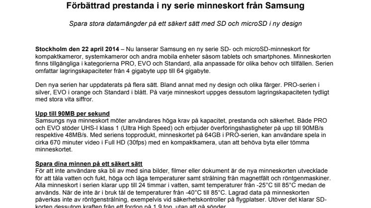 Förbättrad prestanda i ny serie minneskort från Samsung 