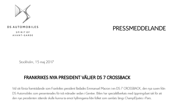 FRANKRIKES NYA PRESIDENT VÄLJER DS 7 CROSSBACK