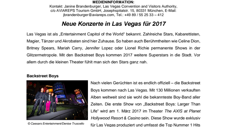 Neue Konzerte in Las Vegas für 2017